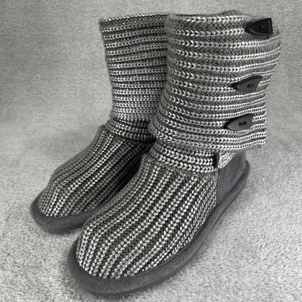 Bearpaw Boots Women 7 Gray Knit Tall Toggle Button Suede Trim Sparkle